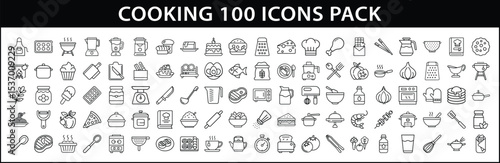 Cooking and Kitchen Tools Vector Icon Set - Line-style icon pack with 100 cooking and kitchen-themed illustrations including utensils, food items, appliances, and preparation tools.