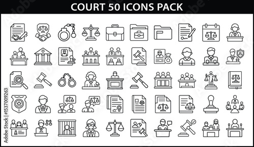Court and Justice Vector Icon Set for Legal Use - Line-style icon pack with 50 court and justice-themed illustrations, including gavels, lawyers, documents, trials, and legal symbols.