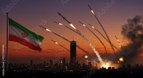 3D Render of Iranian City Skyline at Twilight During Missile Strike