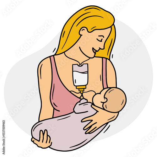 Hand drawn vector illustration of mother breastfeeding a baby with a supplemental nursing system, pink and grey color