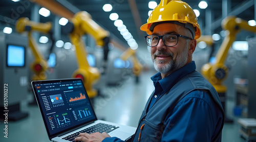 A Hispanic man in a hard hat working with a laptop in a modern factory filled with robotic arms.
