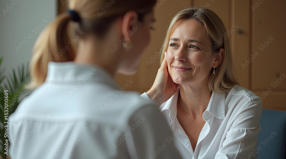 Two smiling women share a tender moment indoors, showcasing connection and warmth through their expressions. Two smiling women share a tender moment indoors, showcasing connection and warmth through their expressions.