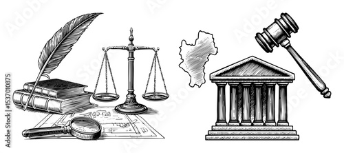 Vector Legal symbols including scales of justice gavel quill and courthouse .