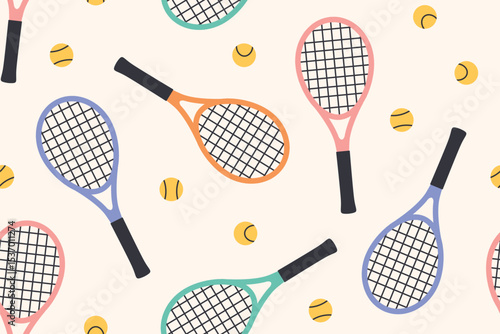 colorful seamless tennis rackets and balls pattern; perfect for sports-themed textiles, kids' apparel, wallpapers, wrapping paper, or active lifestyle branding- vector illustration