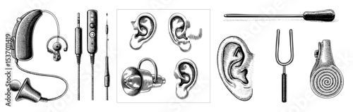 Vector Detailed illustrations of audiology equipment including hearing aids tuning forks and otoscopes.