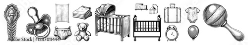 Vector Vintage baby items collection featuring a cradle diaper and rattle.