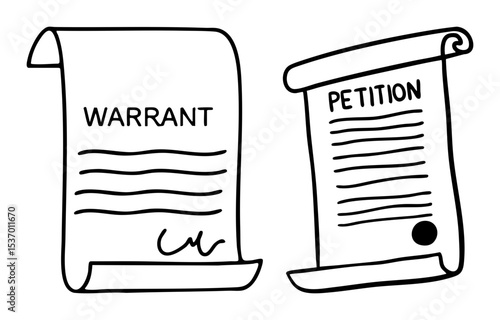 Vector Legal documents warrant and petition illustrated in a doodle style.