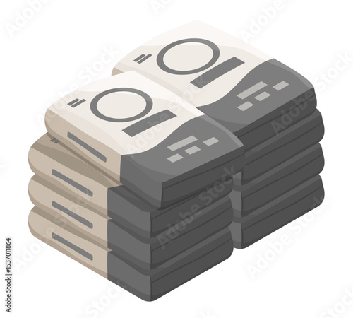 Stack of cement bags in isometric style representing construction materials for building foundation infrastructure and industrial use
