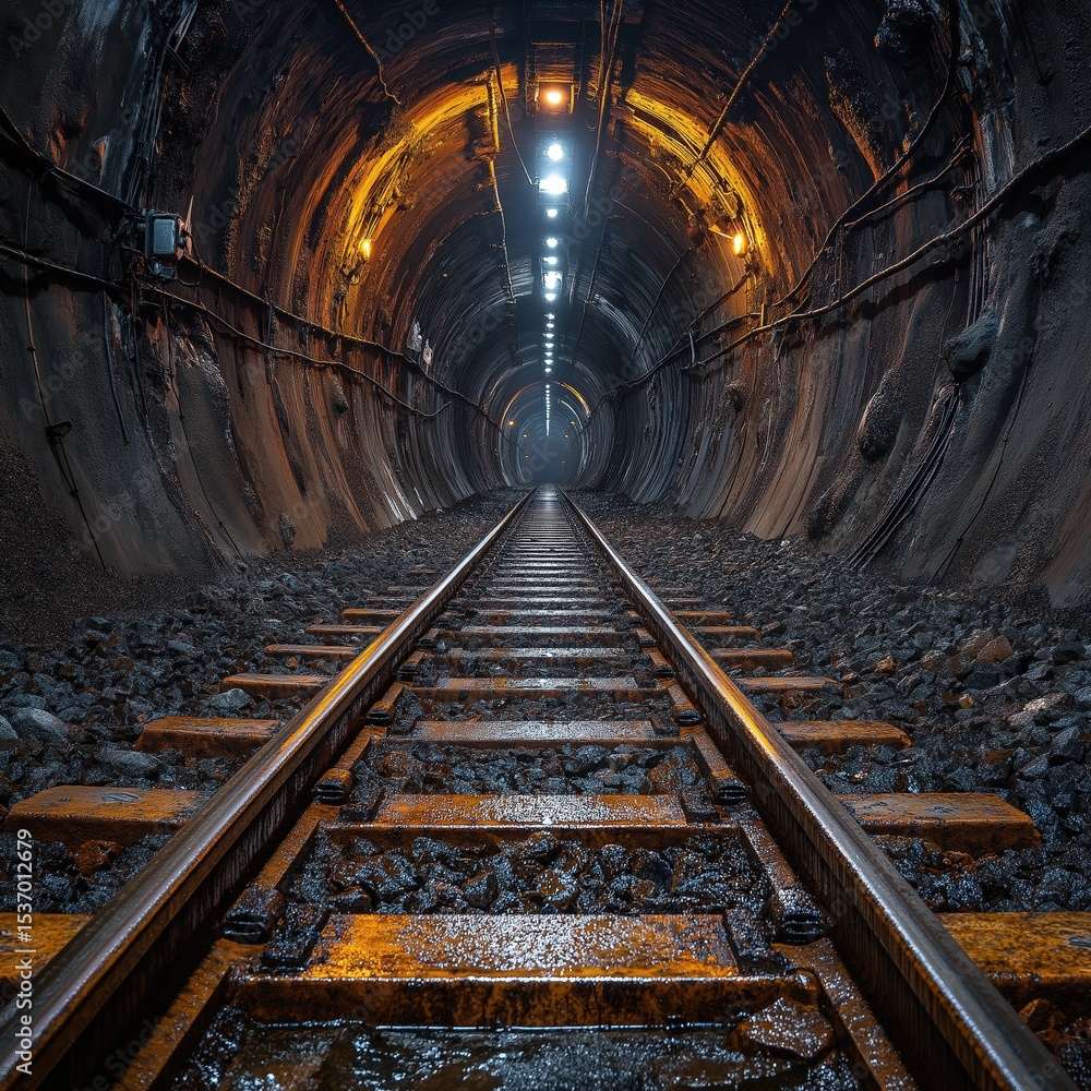 Naklejka premium Dark underground tunnel with illuminated rails and wet reflective surface 