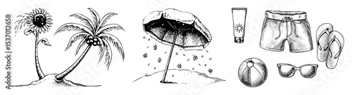 Vector Tropical vacation elements including palm trees beach umbrella swimwear and accessories.