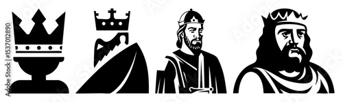 Vector emblems and regal portraits in monochrome vector style.