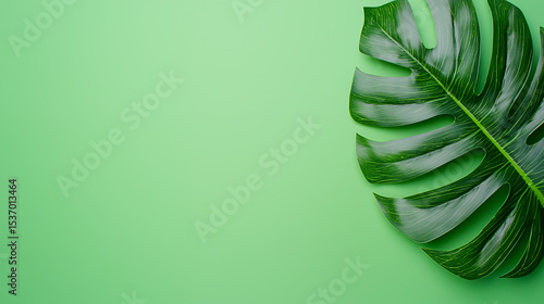 Green monstera leaf on pastel green background