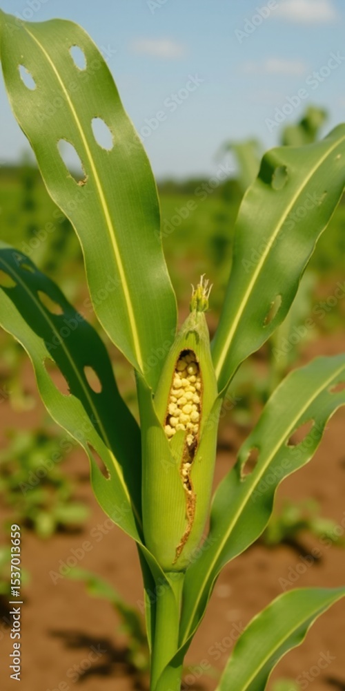 Fototapeta premium Corn plant with insect damage