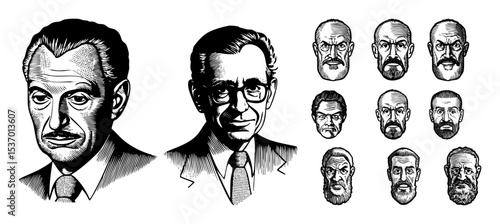 Vector Engraved portraits of distinguished men in a vintage style.