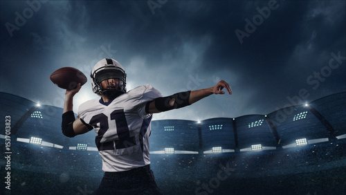Fototapeta Naklejka Na Ścianę i Meble -  Handmade collage. Focused American football quarterback in white jersey prepares to throw football during night game under dramatic stadium lighting. Concept of sports marketing and branding.