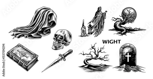 Vector Dark fantasy elements including a hooded figure skull and tombstone are presented as vintage-style illustrations.