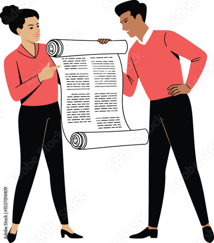 Business professionals discussing report on rolled paper, business meeting concept, colleagues analyzing work, teamwork, collaboration, office discussion