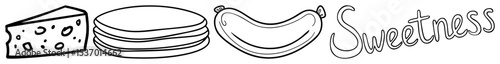 Vector Illustrative arrangement of cheese pancakes bananas and handwritten Sweetness text.