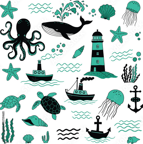 Colorful sea life illustration with whale, octopus, turtles, jellyfish, lighthouse, anchors, boats, seaweed, waves, shells, underwater themed