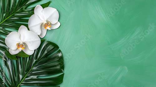 White orchid flowers with tropical leaves on green background
