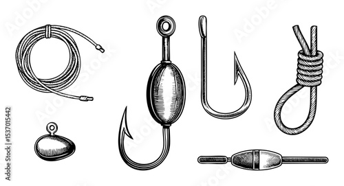 Vector Detailed vector of fishing tackle components.