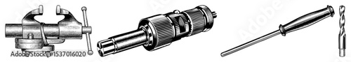 Vector Vintage workshop tools including a drill chuck drill bit and screwdriver are illustrated in a detailed engraving style.