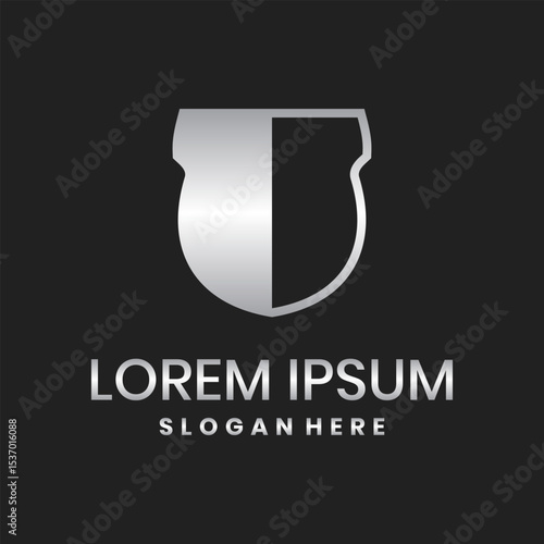 Metallic shield logo with silver gradient