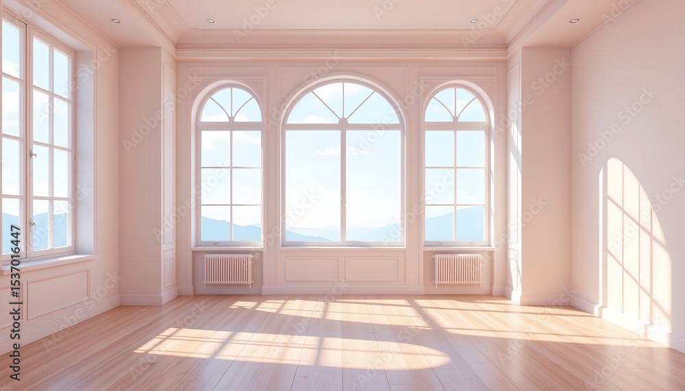 Fototapeta premium high quality, minimalist digital illustration of an empty bright room with large window panes, soft pastel tones, smooth gradients, clean lines
