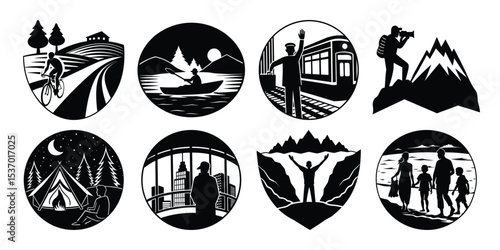 silhouettes of travelers, vector on white background