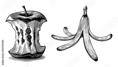 Vector Discarded core and banana peel illustrate waste and decomposition.