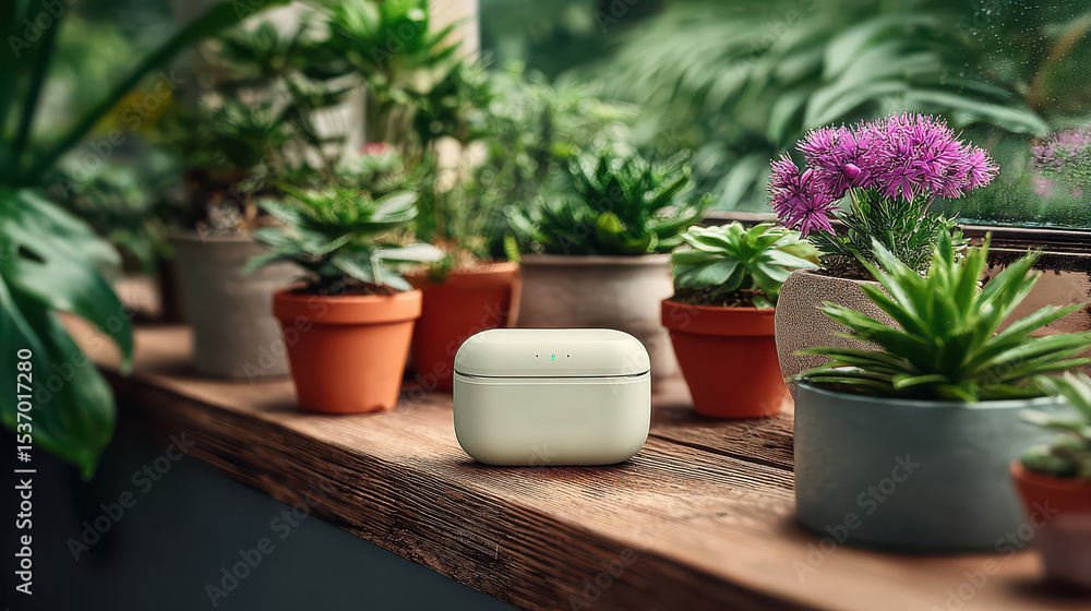 Fototapeta premium Wireless earbuds charging case on wooden windowsill with potted plants and flowers