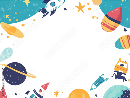 Cute Vector Frame for Kids with Astronaut and Outer Space Theme Featuring Planets, Stars, and Rockets