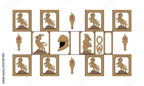 Vector illustration inspired by a medieval heraldic and Gothic ornamental motif collection, such as knight helmets, swords, lions, griffins, dragons, Pegasus, flaming torches, easily editable.