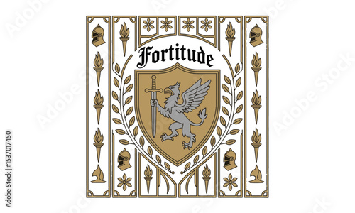 Vector illustration inspired by a medieval heraldic and Gothic ornamental motif collection, such as knight helmets, swords, lions, griffins, dragons, Pegasus, flaming torches, easily editable.