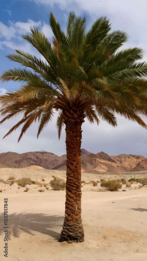 Majestic date palm tree standing tall in a desert landscape under a partly cloudy blue sky, sand dunes and distant mountains Majestic date palm tree standing tall in a desert landscape under a partly cloudy blue sky, sand dunes and distant mountains