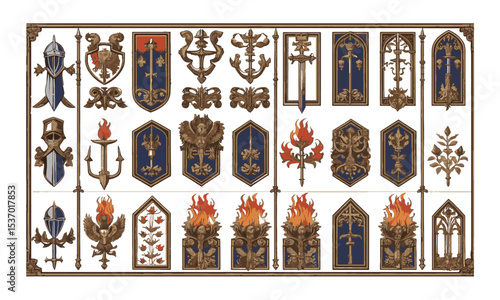 Vector illustration inspired by a medieval heraldic and Gothic ornamental motif collection, such as knight helmets, swords, lions, griffins, dragons, Pegasus, flaming torches, easily editable.