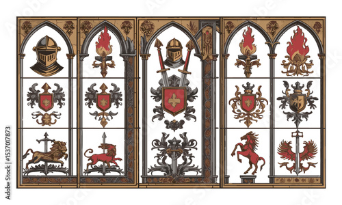 Vector illustration inspired by a medieval heraldic and Gothic ornamental motif collection, such as knight helmets, swords, lions, griffins, dragons, Pegasus, flaming torches, easily editable.