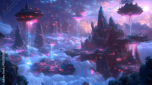 Alien architecture and glowing neon plants coexist on floating islands in a surreal digital landscape, wrapped in dreamlike fog with a fantasy world vibe.