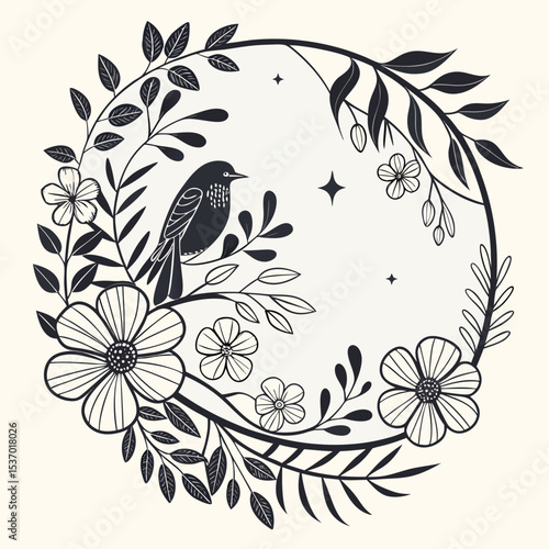 Elegant floral wreath with bird and stars monochrome design