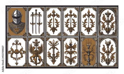 Vector illustration inspired by a medieval heraldic and Gothic ornamental motif collection, such as knight helmets, swords, lions, griffins, dragons, Pegasus, flaming torches, easily editable.