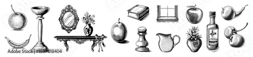 Vector Ornate vintage objects collection featuring tableware decor and fruit illustrations.