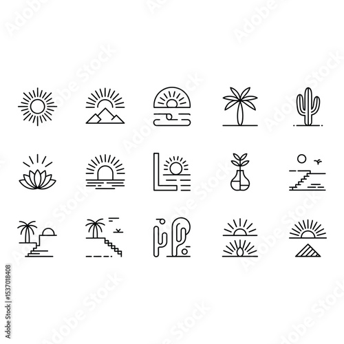 Minimalist line art icons of desert landscapes and tropical elements