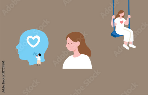 Mental health wellness illustration featuring a woman on a swing and a person drawing a heart in a head