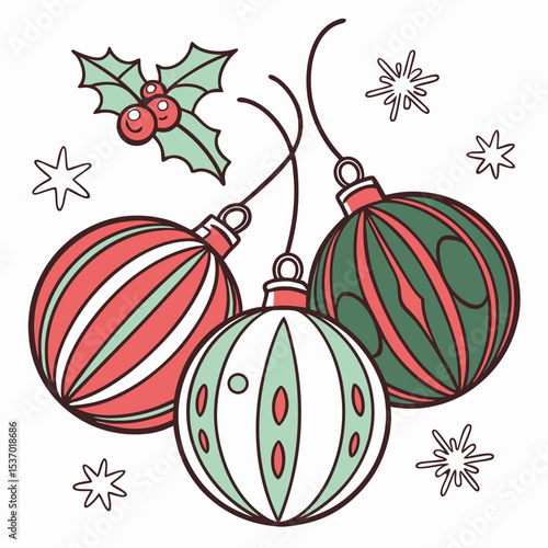 Festive christmas baubles hanging with holly sprig and snowflakes