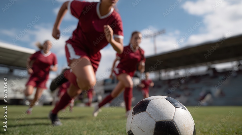 Obraz premium Close up of soccer ball in action on field with players in red uniforms running towards it, showcasing excitement and energy of game