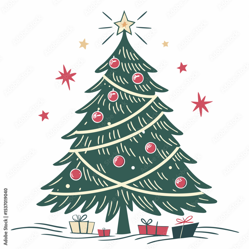 Festive christmas tree decorated with ornaments and gifts Festive christmas tree decorated with ornaments and gifts