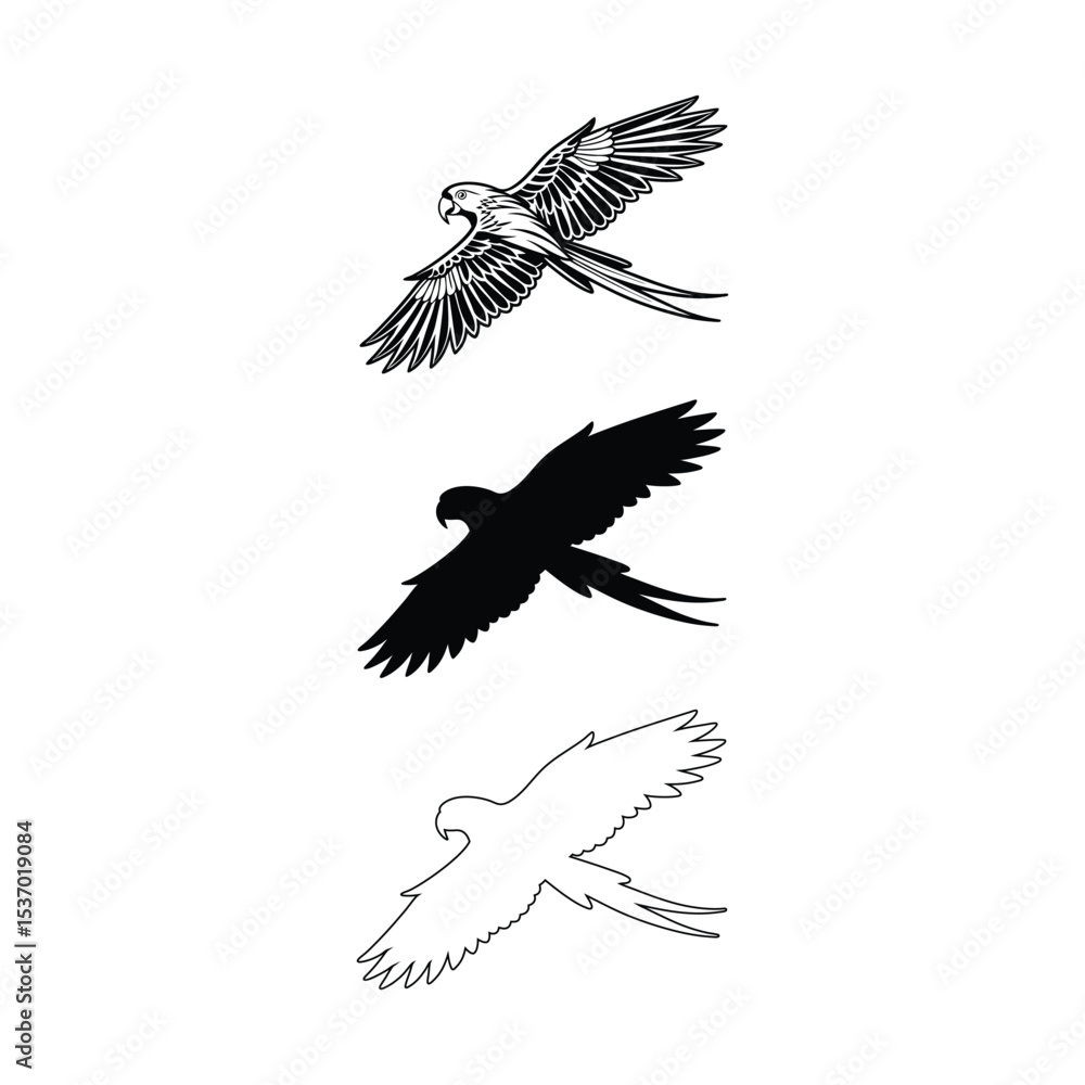 Obraz premium flying parrot silhouette vector outline line art style on white background