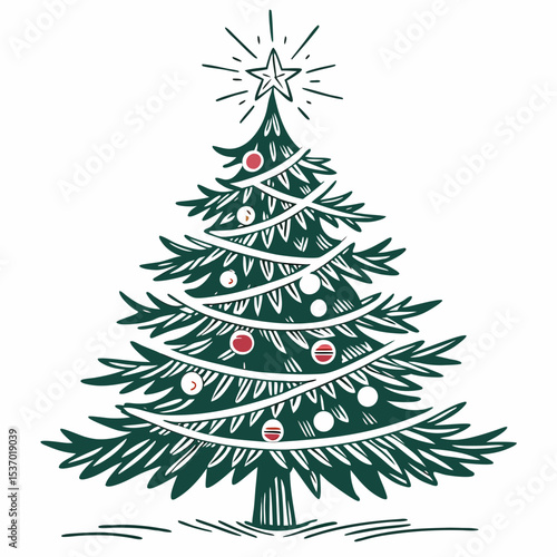 Festive hand drawn christmas tree decorated with ornaments and garland
