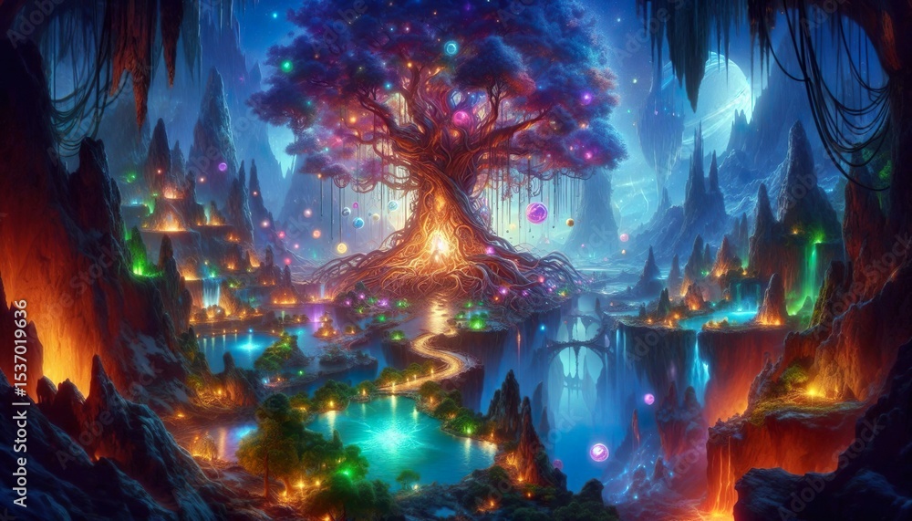 Fototapeta premium Magical Tree of Life in a Fantasy Realm - A glowing, ancient tree at the center of a surreal fantasy world with floating crystals, neon flora, and a celestial sky.