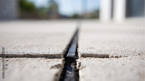 Concrete expansion joint background with black sealant groove in light grey, urban architecture detail.